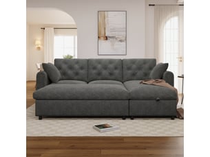 Canapé d'angle droit convertible   3 places Velours gris avec coffre de rangement