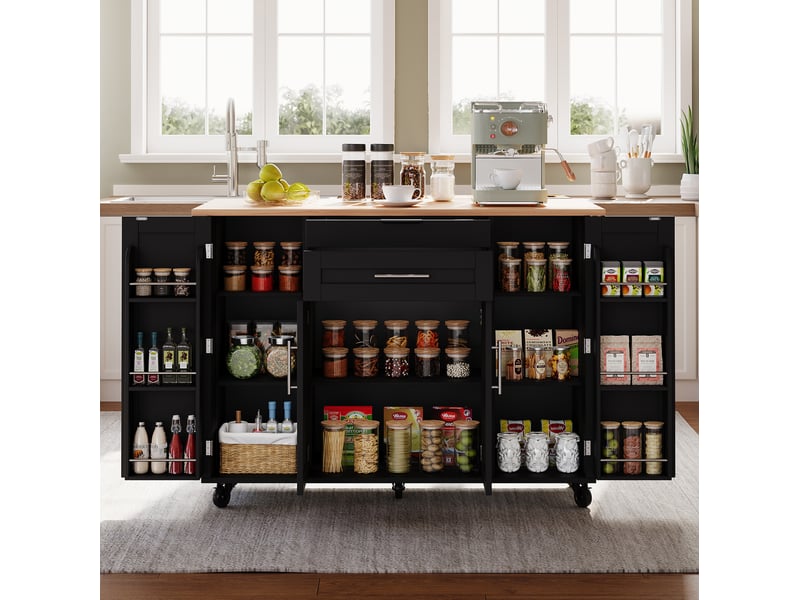  Desserte de cuisine mobile 136x70x92 cm, plateau extensible, noir et naturel  - Conforama E