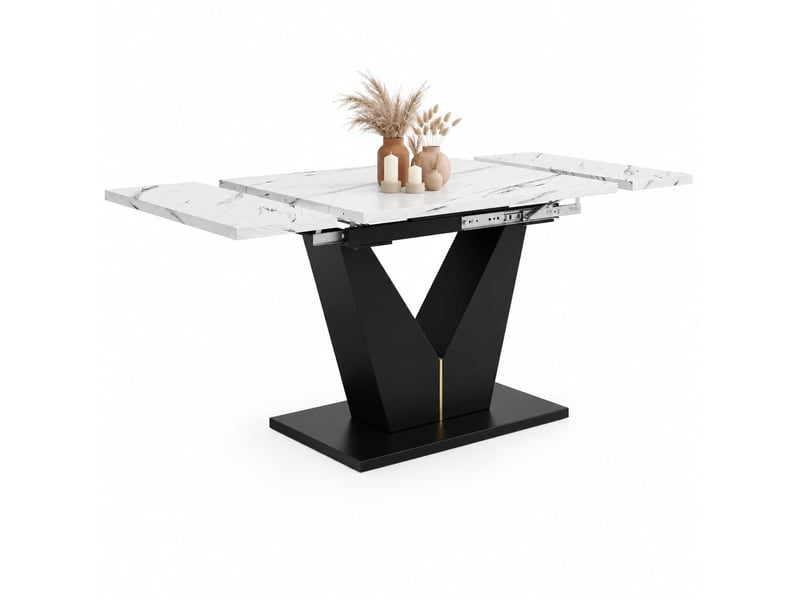  Table à manger extensible avec pieds en v - lpospi - plateau large, mdf effet marbre blanc et noir 99–159 × 75 × 75 cm  - Conforama A