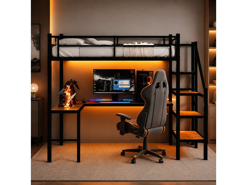  Lit mezzanine 90 × 190 cm 1 place avec bureau, étagères, rangement et escalier, sans matelas, en fer, noir  - Conforama B