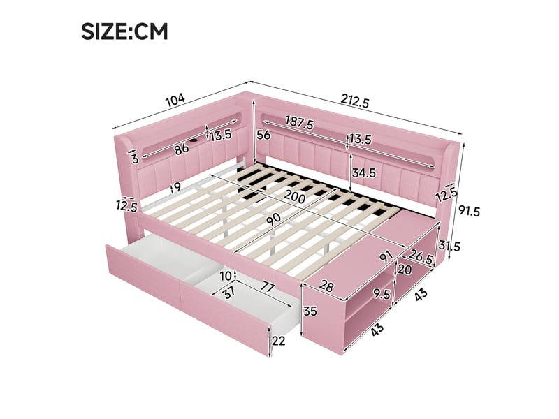  Lit banquette 90 x 200 cm, lit enfant type banquette, 2 tiroirs, bureau intégré, étagères ouvertes, éclairage led, ports usb et usb-c, tissu, rose Morn Vibe - Conforama C
