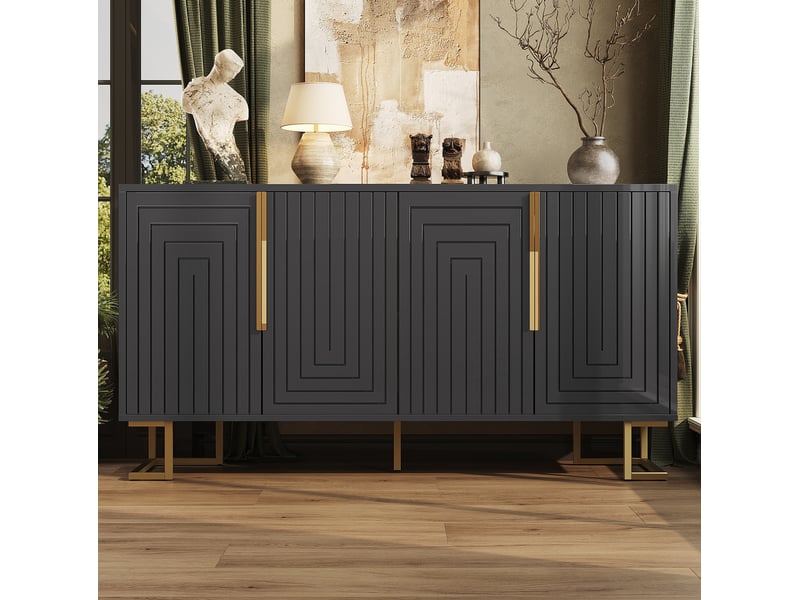 Buffet bas noir en mdf – 2 portes, 4 compartiments, détails dorés – 152 x 40 x 75 cm - Conforama B