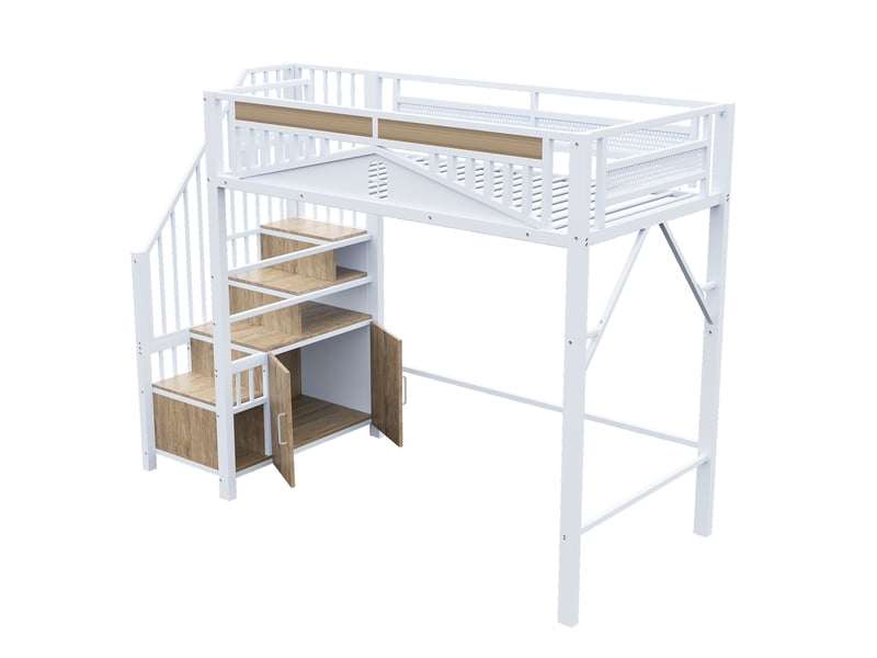 Lit superposé en métal 90 x 200 cm, garde-corps avec fenêtre, échelle sécurité et placard, blanc  - Conforama A