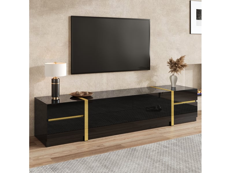  Meuble tv 180x40x38 cm avec 4 tiroirs et 2 portes mdf et panneau de particules noir  - Conforama D