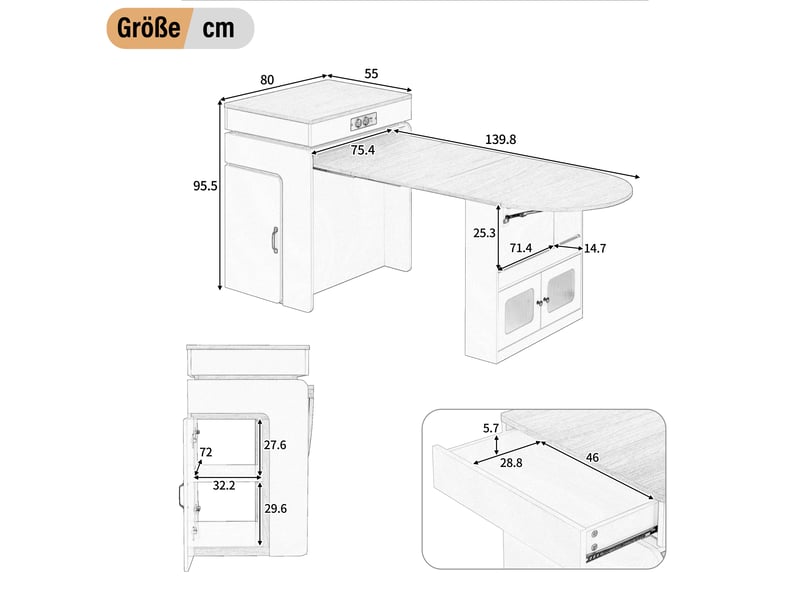  Îlot de cuisine extensible 55-194 x 80 x 95,5 cm, prises, led, portes vitrées, tiroir et roulettes, blanc, en mdf  - Conforama C