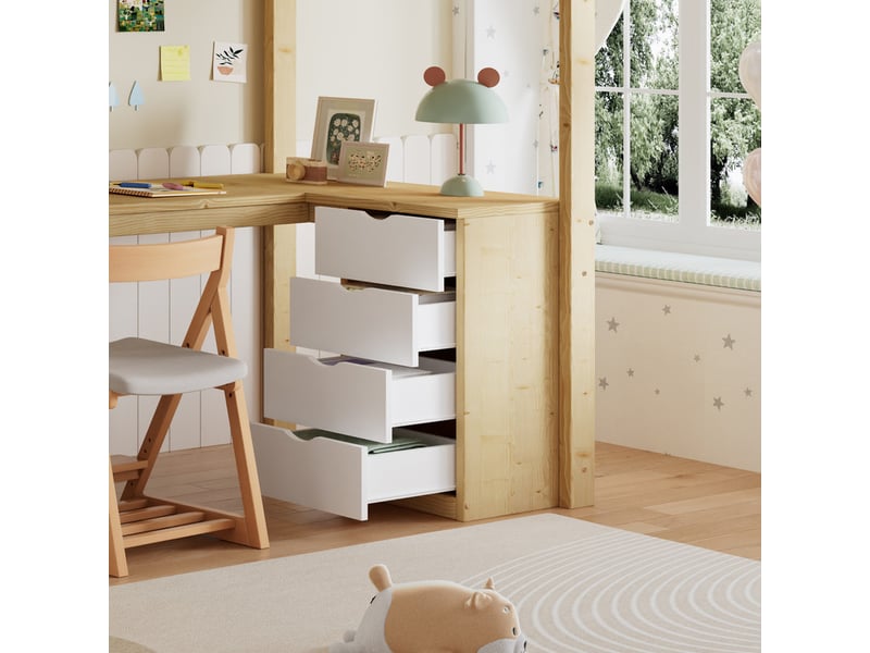  Lit mezzanine en bois 90 x 200 cm, blanc et bois naturel, avec bureau, étagère, tiroirs et escalier de rangement  - Conforama E