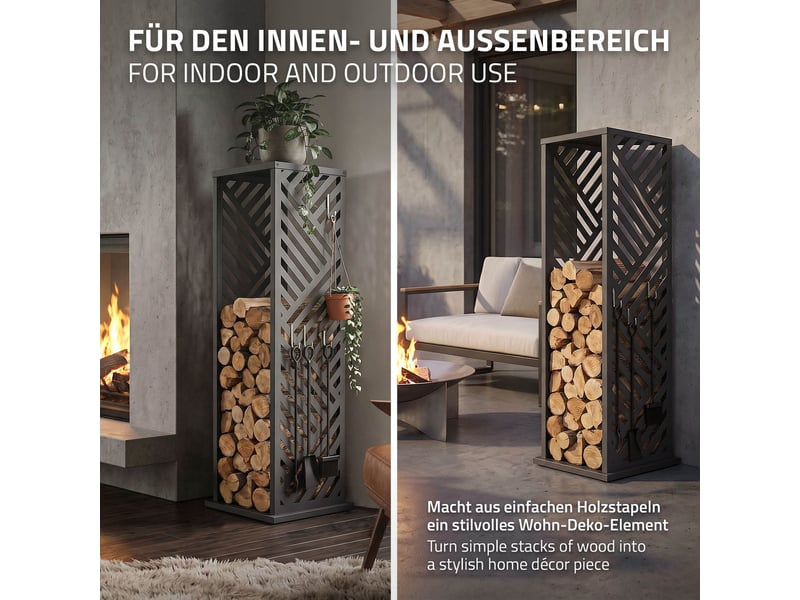  Ml-design range-bûches vertical en acier galvanisé 37,5 x 37,5 x 112 cm, intérieur et extérieur, motif de rayures, support colonne rangement bois de chauffage cheminée, 4 crochets, anthracite mat ECD Germany GmbH - Conforama D