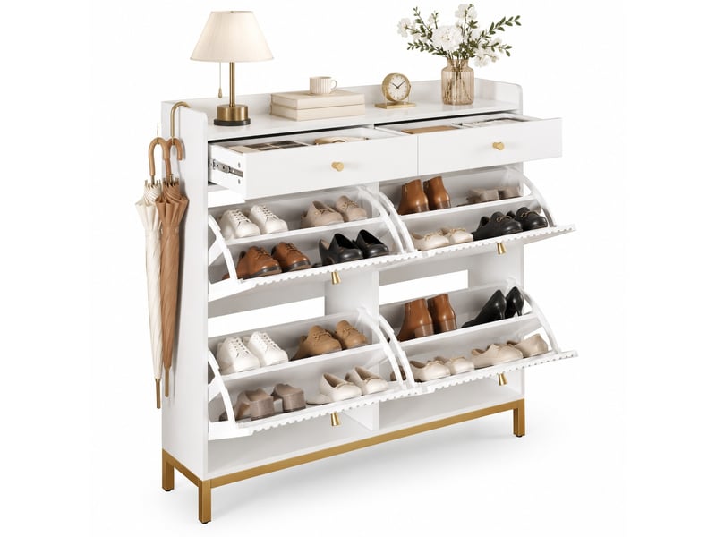 Meuble à chaussures 106,5 x 25 x 107 cm en panneaux de particules avec 4 portes abattantes et 2 tiroirs blanc chicfurn - Conforama A