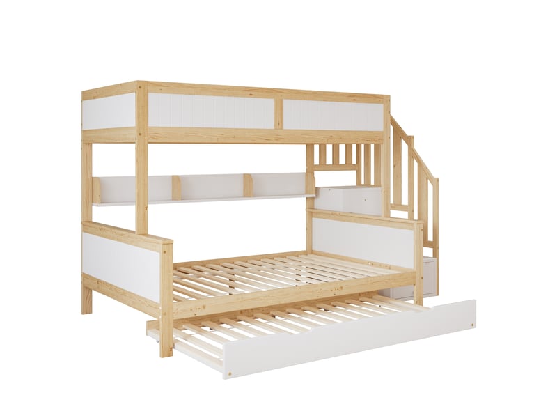 Lit superposé avec lit coulissant et escalier rangement, dimensions 90x190 cm  - Conforama D