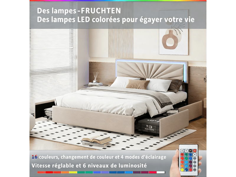  Cadre de lit adulte 160x200 cm avec tête de lit led réglable et 4 tiroirs - sommier à lattes, lin beige, structure renforcée 300 kg  - Conforama E