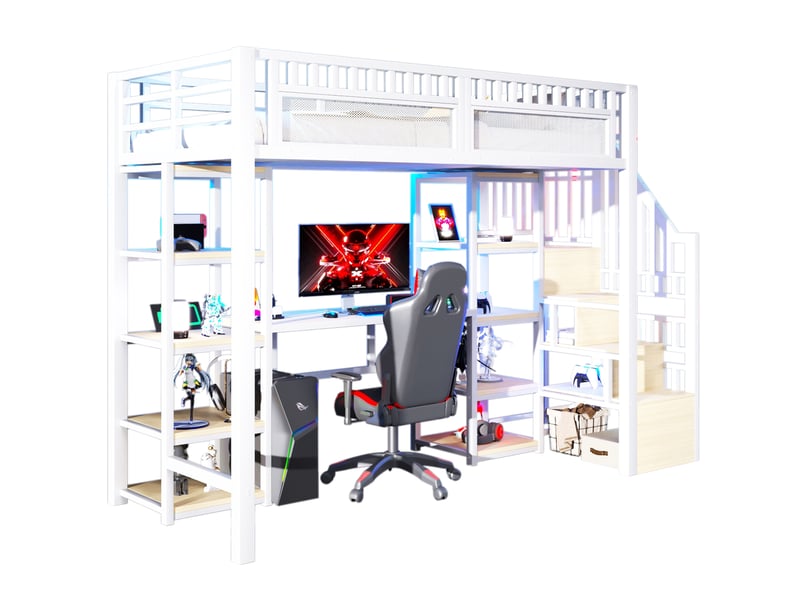 Lit mezzanine 90 x 200 cm avec bureau, rangements, échelle, led et usb, blanc - Conforama A