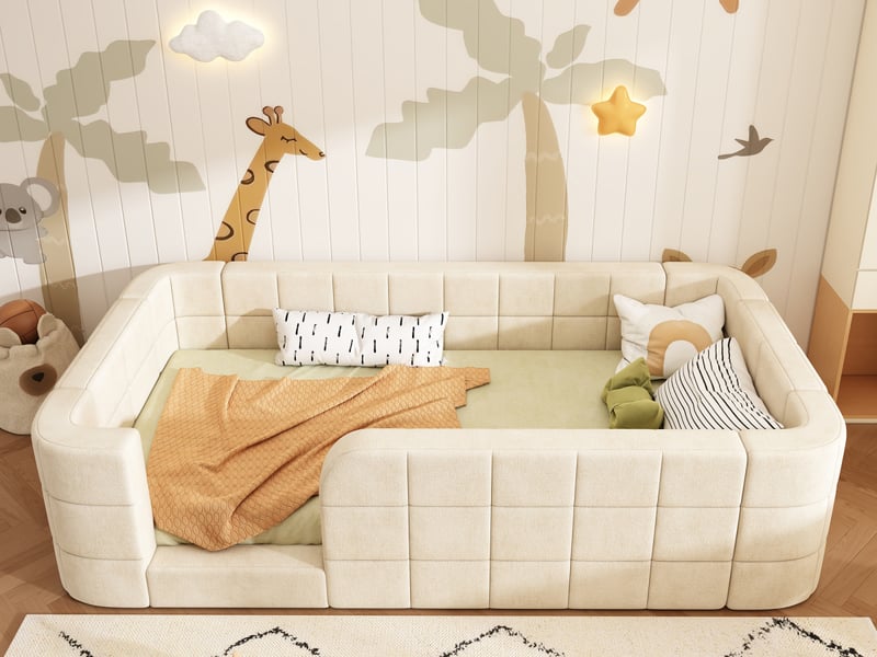 Lit enfant rembourré 90x200 cm, lit au sol en chenille douce, barrière de protection tout autour, accès bas, beige  - Conforama B