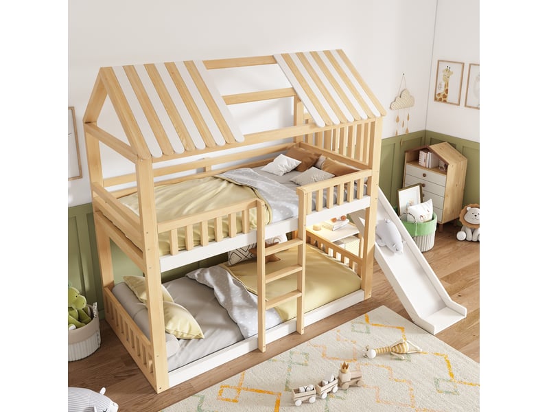  Modenvie lit superposé cabane enfant 90x200 cm - avec étagère et toboggan, sans matelas - bicolore  - Conforama E