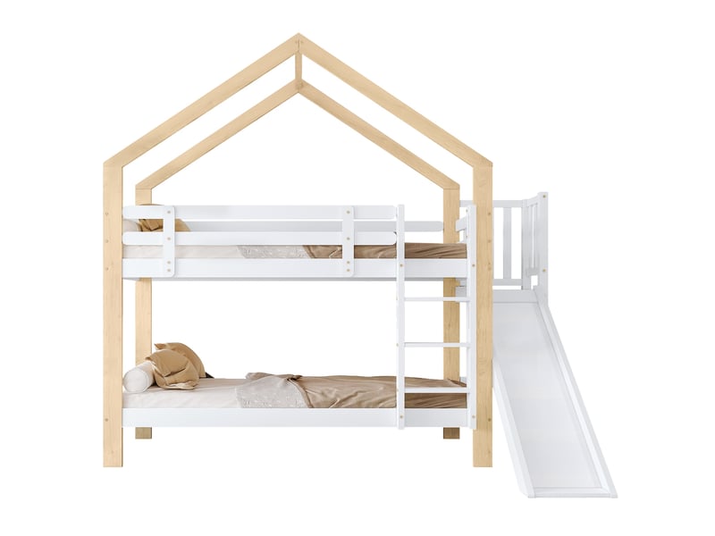 Lit superposé enfant 90x200 cm, lit cabane avec toboggan et échelle à 3 marches lit de jeu de sécurité, bois de pin massif mdf, blanc - Conforama D