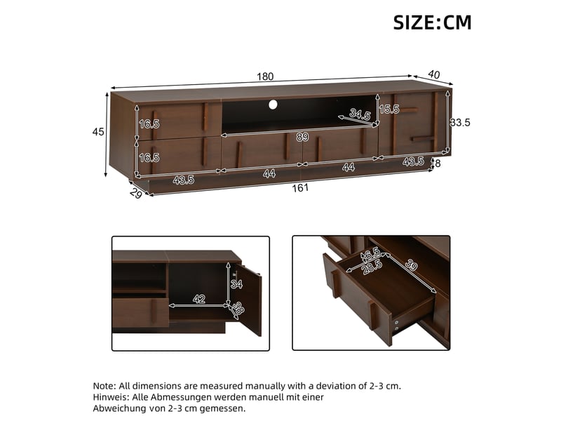  Meuble tv 180x40x45 cm avec 4 tiroirs et un porte en mdf, passage de câbles, couleur marron, design vintage  - Conforama C