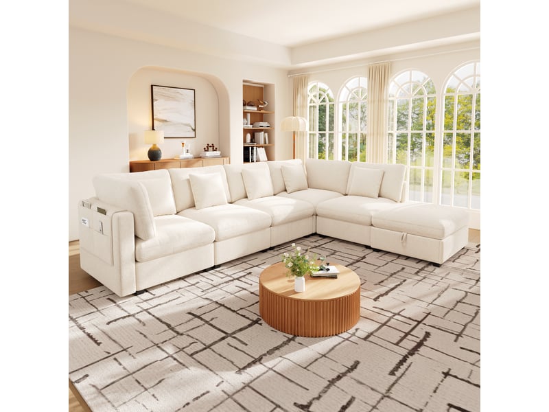  Canapé panoramique d’angle xl 6 places avec rangement, grand canapé en l en chenille avec méridienne et pouf beige, 370 x 147 x 81 cm Bubbly - Conforama B