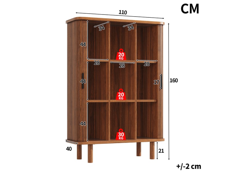  Buffet de cuisine haut 110 x 40 x 160 cm bois foncé, porte à rideau, façade cannelée, angles arrondis et pieds en bois massif  - Conforama C