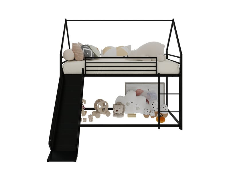  Lit superposé enfant 90 × 190 cm 2 places avec toboggan et barrières de sécurité, sans matelas, en métal noir  - Conforama E