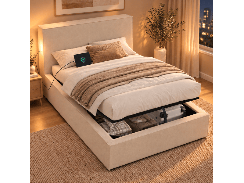  Lit coffre 90x200 cm avec sommier à lattes et ouverture hydraulique, beige, sans matelas  - Conforama D