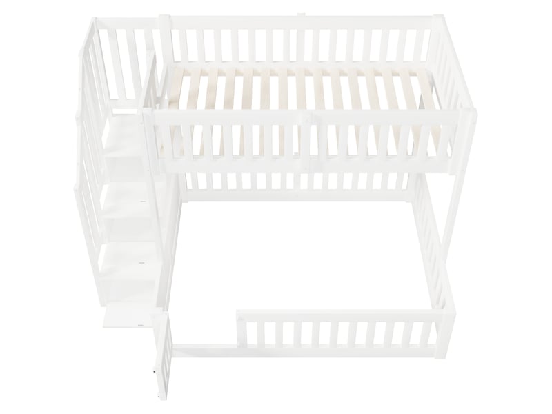  Lit superposé bas 90x200 cm et 140x200 cm avec escalier de rangement blanc  - Conforama E