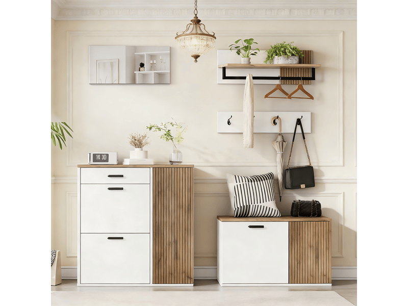 Banc de rangement set d'entrée 5 pièces avec meuble à chaussures et miroir - lpospi - panneaux de particules blanc chêne - Conforama B
