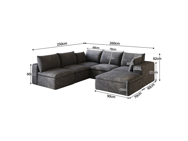 Grand canapé nuage en velours côtelé 6 places gris foncé, design double couche avec housse amovible, 260x250cm, confort optimal pour le salon. - Conforama C