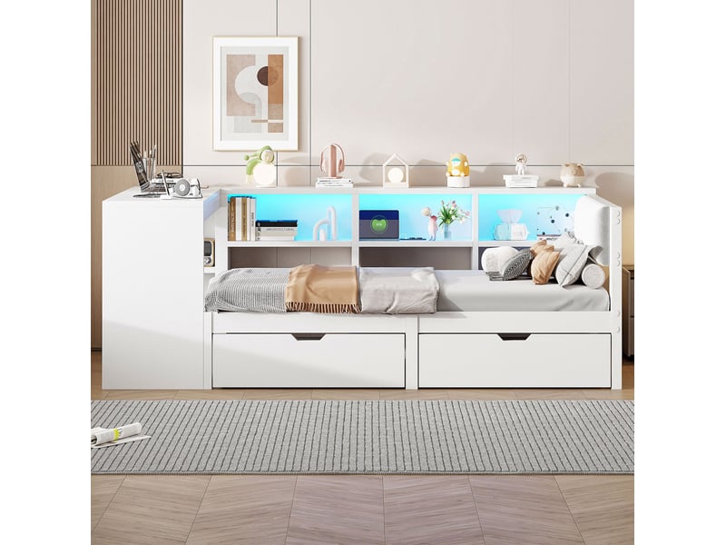  Lit mezzanine 90x200 cm blanc avec rangements, led, prises et tête de lit  - Conforama D