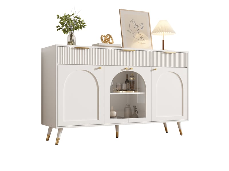  Buffet 140 x 40 x 85,5 cm, 4 portes transparentes en acrylique, 3 tiroirs et grand rangement pour salon, poignées métal, pieds bois, blanc ABC - Conforama A