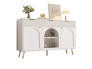 Buffet 140 x 40 x 85,5 cm, 4 portes transparentes en acrylique, 3 tiroirs et grand rangement pour salon, poignées métal, pieds bois, blanc