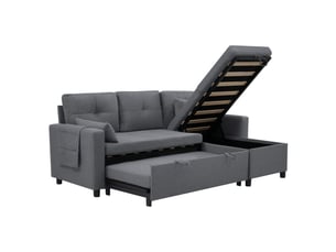 Canapé d’angle modulable en l convertible, fonction lit, rangement intégré et porte-gobelet escamotable, tissu lin, gris, design moderne pour salon