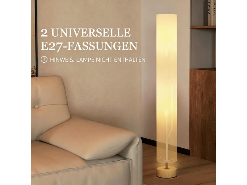  Lampe colonne de sol en bois de pin et lin gris 120 cm double douille e27 interrupteur au pied  - Conforama D