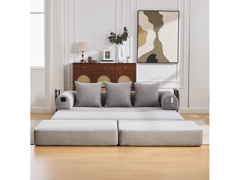  Canapé modulable modenvie 3 places avec pouf velours côtelé gris clair 200 x 190 x 67 cm  - Conforama E
