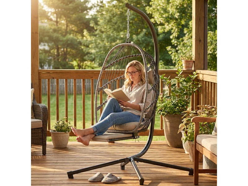  Fauteuil suspendu avec support, chaise suspendue pliante avec repose-pieds rétractable, gris clair  - Conforama D