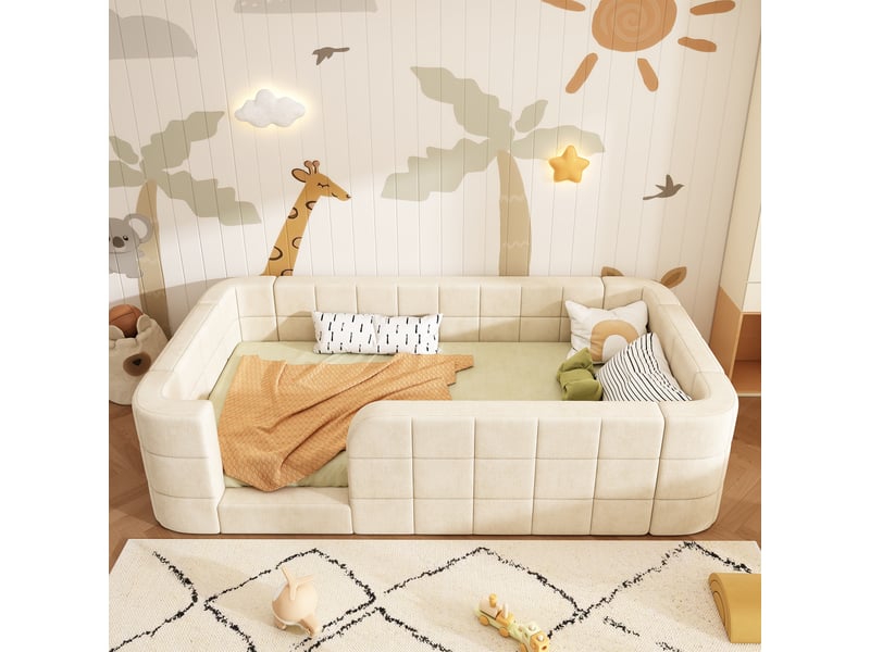 Lit enfant rembourré au sol 90x190 cm, capitonné en chenille, avec contour rembourré et entrée, avec sommier à lattes inclus, sans matelas, beige Luxe haut de gamme - Conforama B