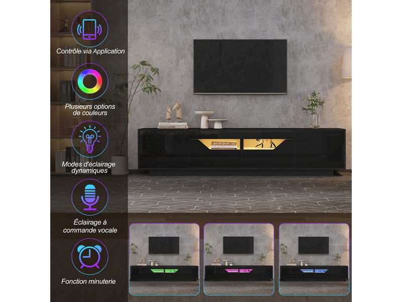 Meuble tv 180 cm noir brillant pour téléviseur 75 pouces avec éclairage led et 2 tiroirs  - Conforama R