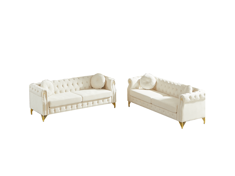  Canapé 3+3 places en velours beige avec pieds en métal doré  - Conforama A