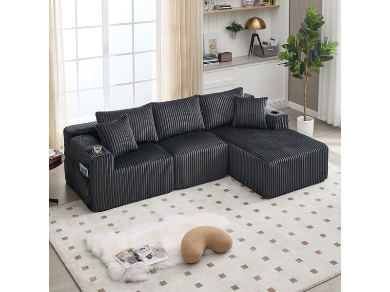  Canapé modulable avec méridienne 3 places velours côtelé 257x160 cm gris avec coussins et porte-gobelets  - Conforama E