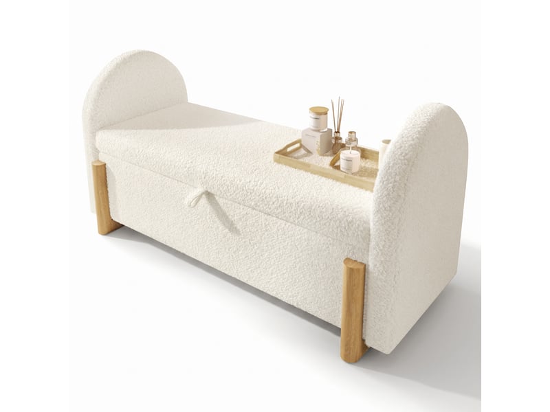  Banc de rangement 106 cm avec coffre hydraulique tissu bouclette blanc et pieds en bois massif  - Conforama B