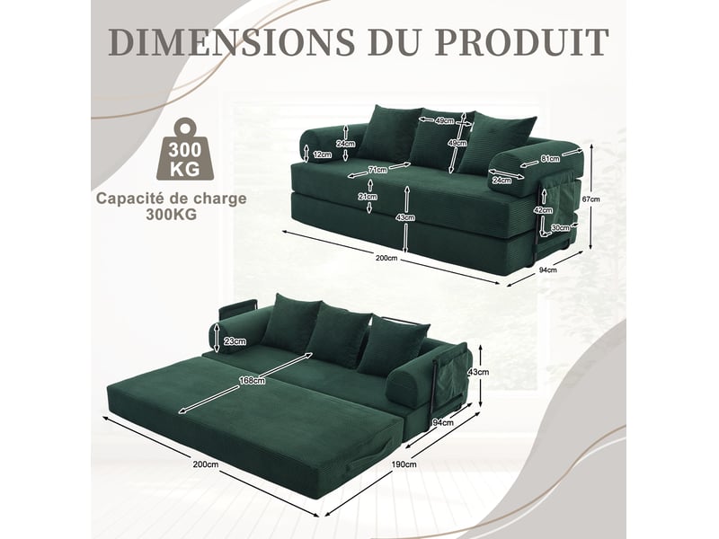 Canapé modulaire 3 places 200x94x67 cm – vert émeraude – 3 coussins, poches latérales et cadre en métal - Conforama C
