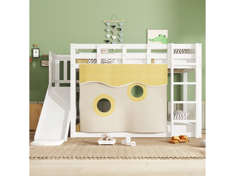 Lit superposé enfant 90x200 cm, avec toboggan et escalier cabane de jeu avec rideaux barrière de sécurité, en bois de pin et mdf, blanc - Conforama C