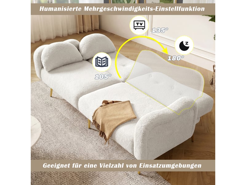 Canapé convertible 2 places design moderne, canapé tissu bouclette blanc avec dossier inclinable 3 positions et pieds en métal doré. - Conforama E