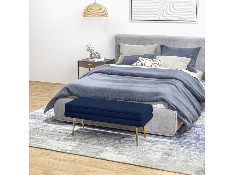  Banc banquette coffre de rangement 2 en 1 assise aspect velours et acier pieds - 100 x 37,5 x 42 cm bleu et doré  - Conforama W