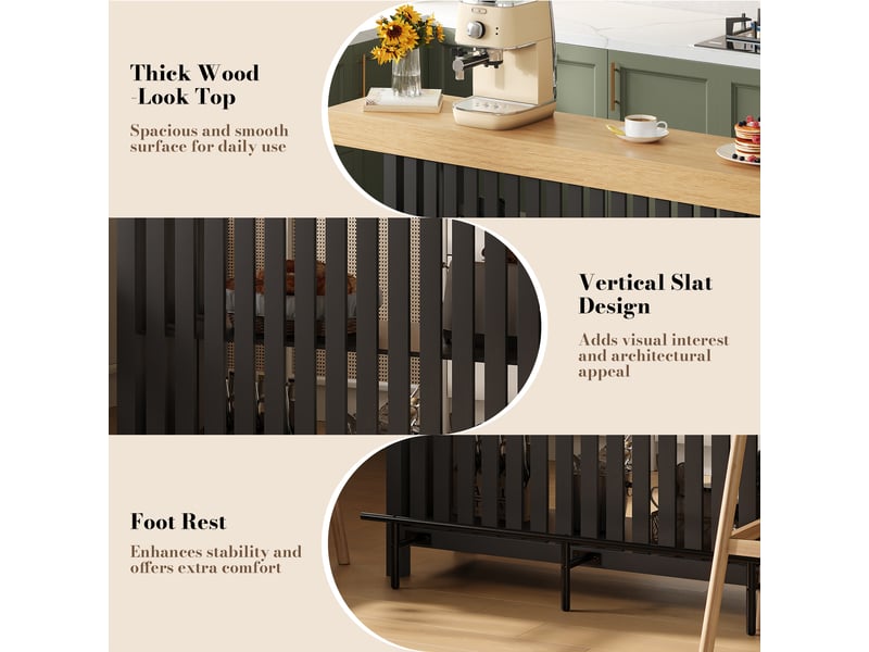  Table de bar noir en mdf, repose-pieds, étagère 2 niveaux, structure compacte, pour cuisine et séjour, 160 × 40 × 105 cm  - Conforama D