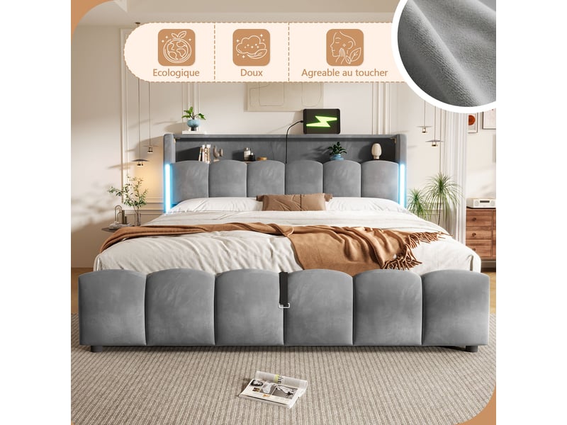 Lit coffre hydraulique 180x200 cm rembourré avec tête de lit rangement-led et usb-c-sommier à lattes en velours - Conforama E
