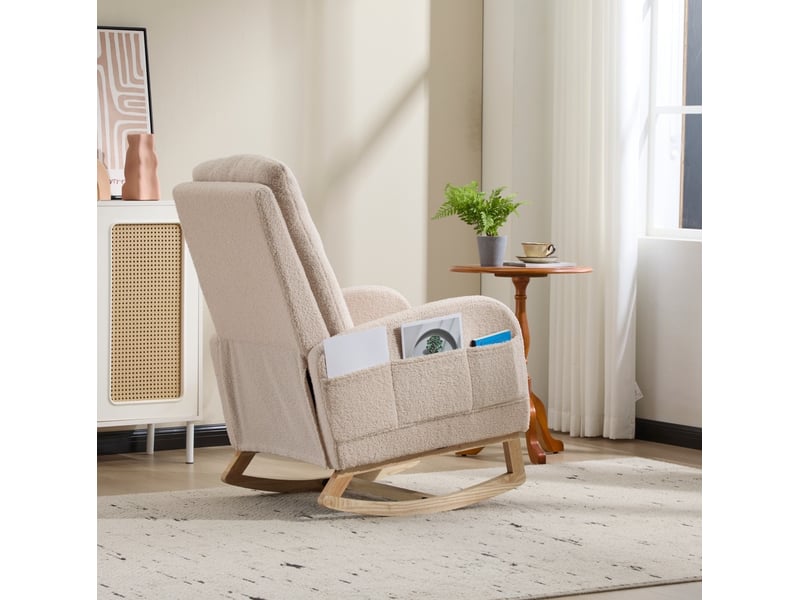 Fauteuil à bascule avec repose-pieds dépliable, dossier haut ergonomique et poche latérale en tissu teddy beige - Conforama B
