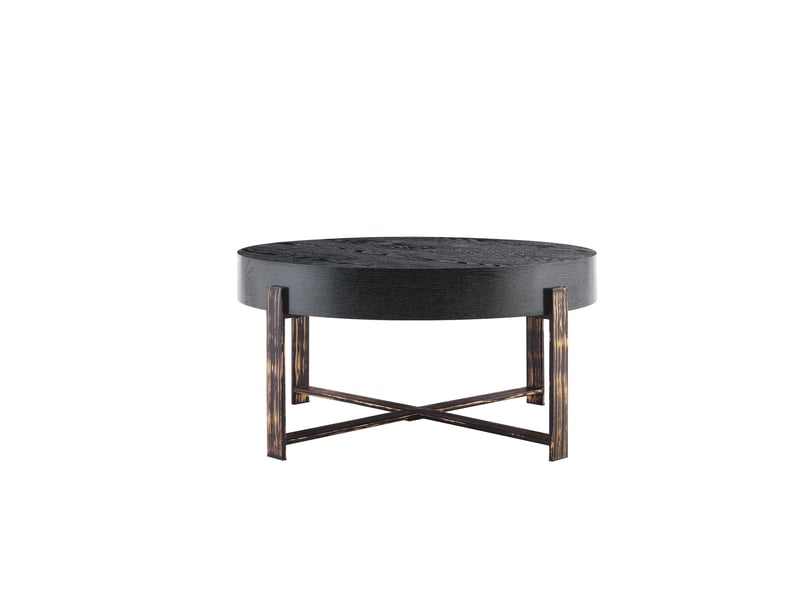  Table basse ronde noire diamètre 68 cm, effet bois vieilli et piètement métal bronze antique  - Conforama E