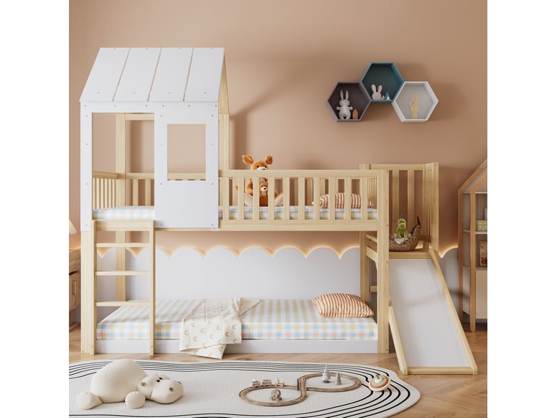  Lit superposé enfant avec toboggan, toit et fenêtre naturel et blanc 90 x 200 cm  - Conforama C