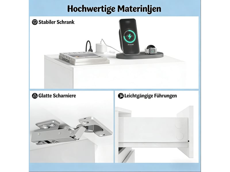  Lot de 2 tables de chevet blanches avec led réglable et station de charge – 40 x 35 x 55 cm  - Conforama E