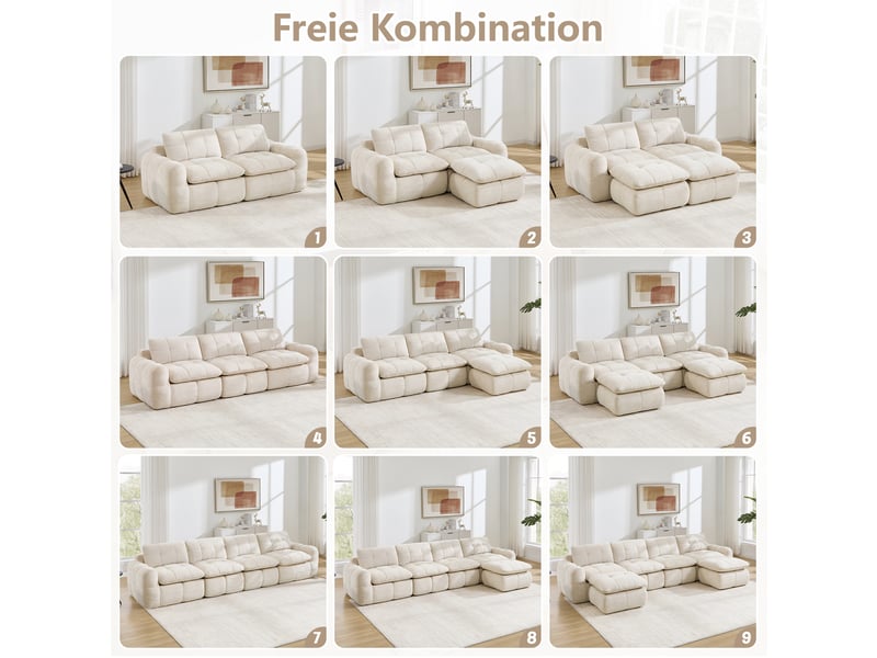  Canapé d’angle modulable 4 places en chenille beige – 334 x 160 x 68 cm Fay Lum - Conforama E