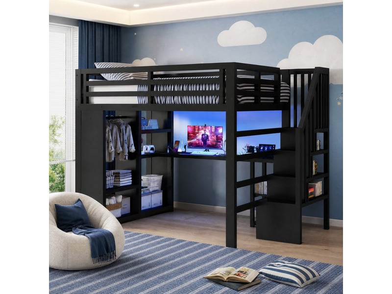  Lit mezzanine double 140×200 cm avec bureau, led réglable et usb - okmyhome- rangement, noir, sans matelas  - Conforama C